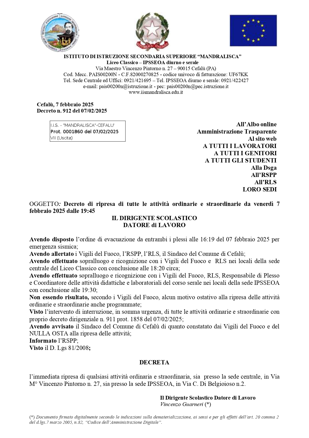 Decreto Di Ripresa Di Tutte Le Attivit Ordinarie E Straordinarie Da